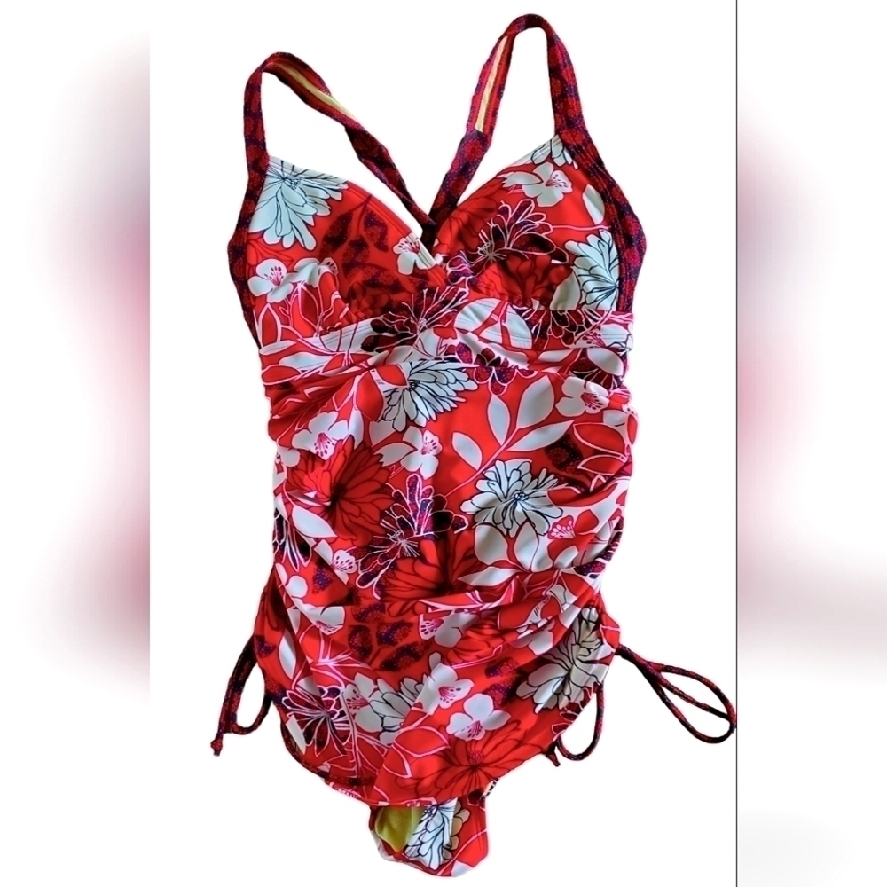 Athleta Womens Swimsuit One Piece Haiku Red Floral Tie Sz 38B 36C